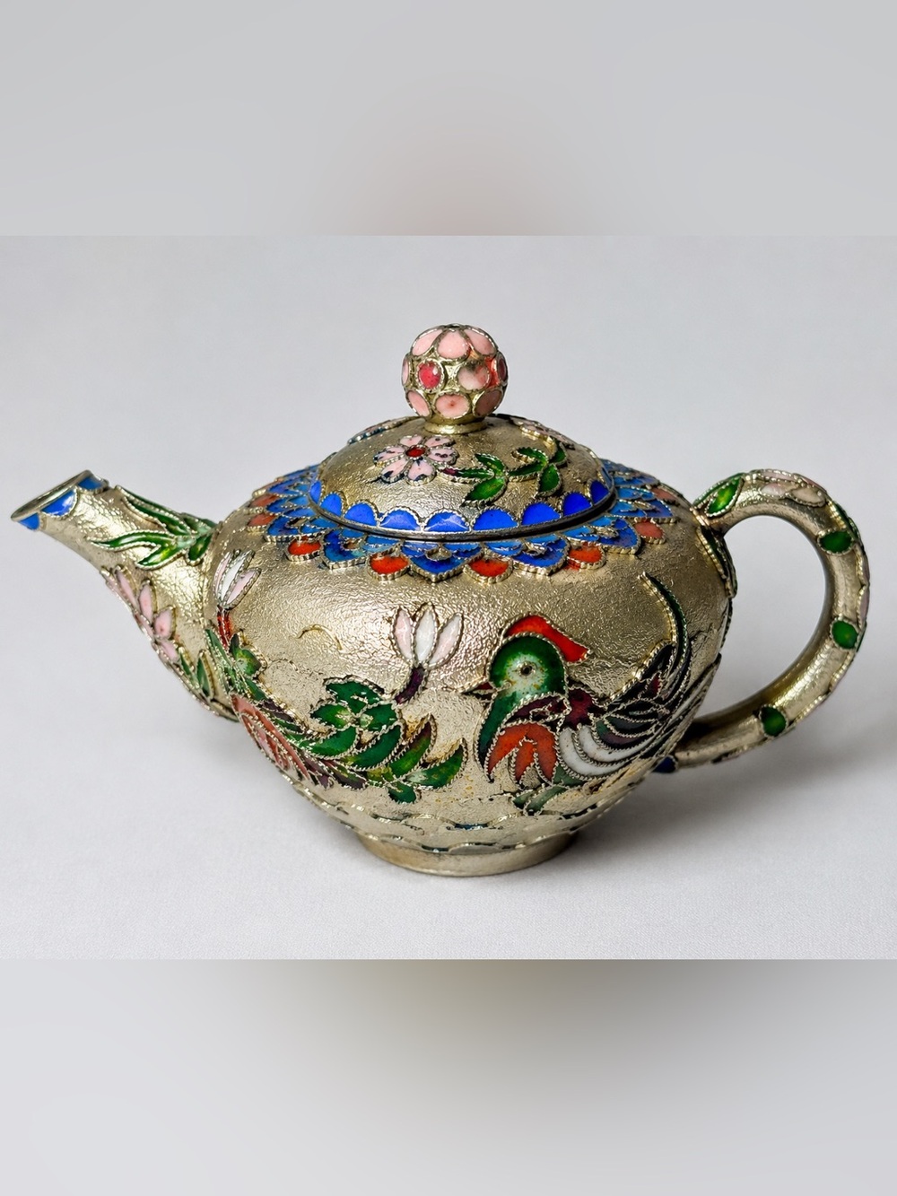 Vintage Chinese Cloisonné Enamel Miniature Teapot Rooster Bird Silver Tone 5”